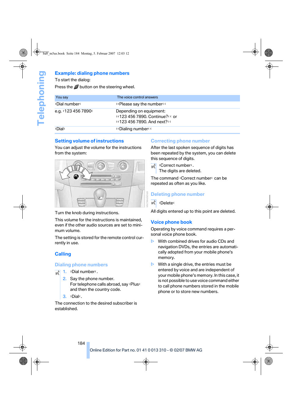 Telep h oning | BMW M5 Sedan 2007 User Manual | Page 186 / 256