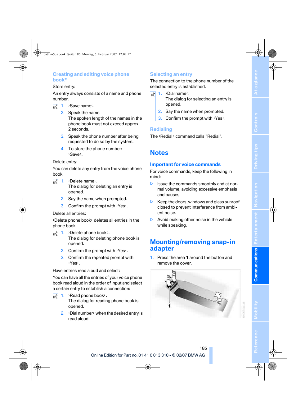 Notes, Mounting/removing snap-in adapter | BMW M5 Sedan 2007 User Manual | Page 187 / 256