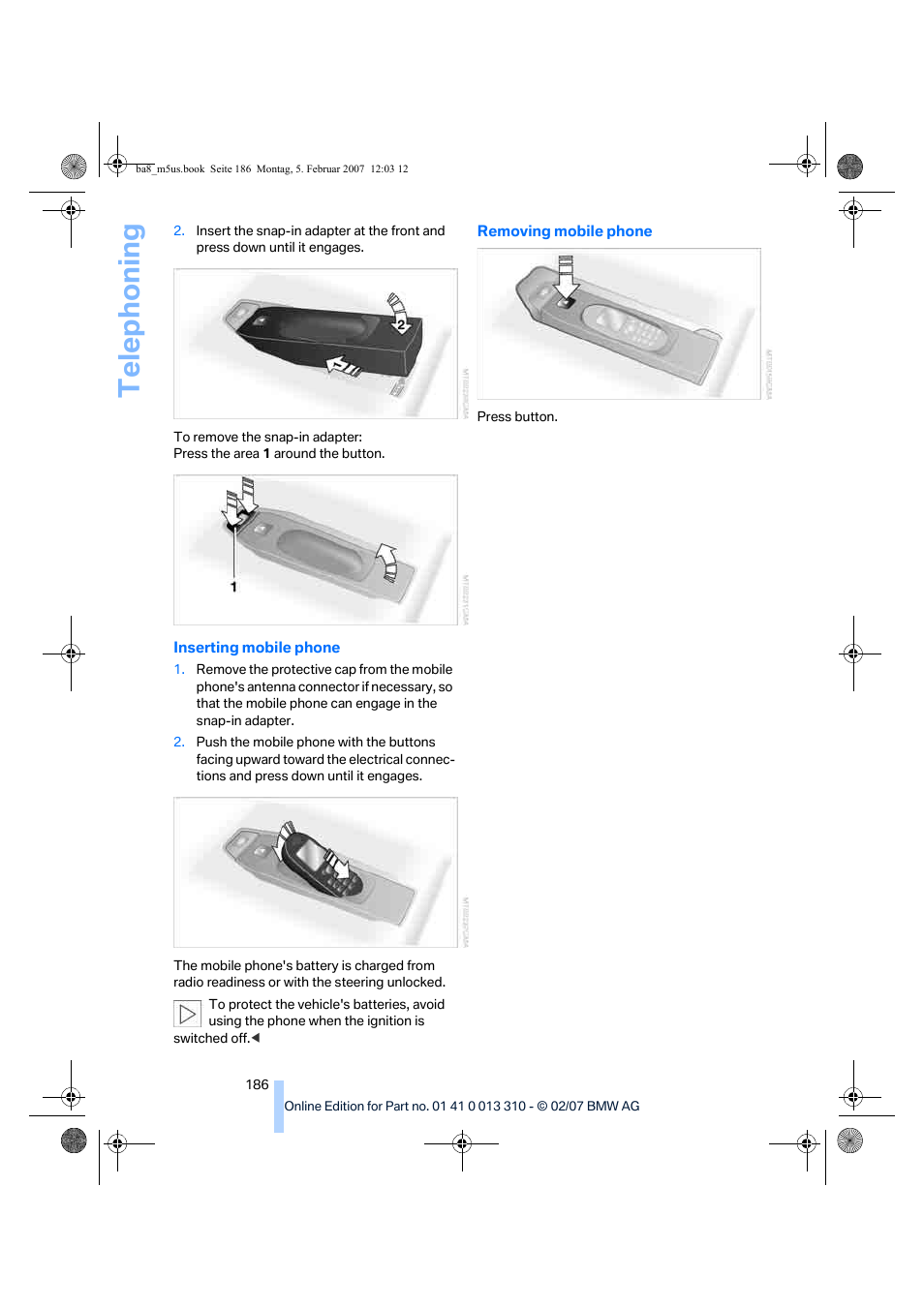 Telep h oning | BMW M5 Sedan 2007 User Manual | Page 188 / 256