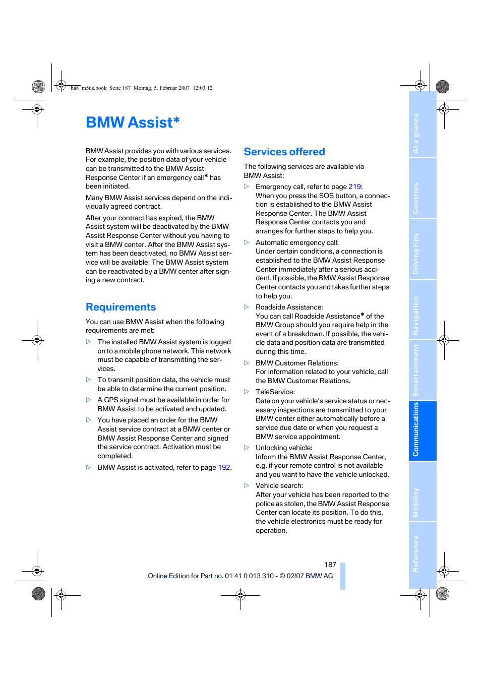 Requirements, Services offered, Bmw assist | BMW M5 Sedan 2007 User Manual | Page 189 / 256