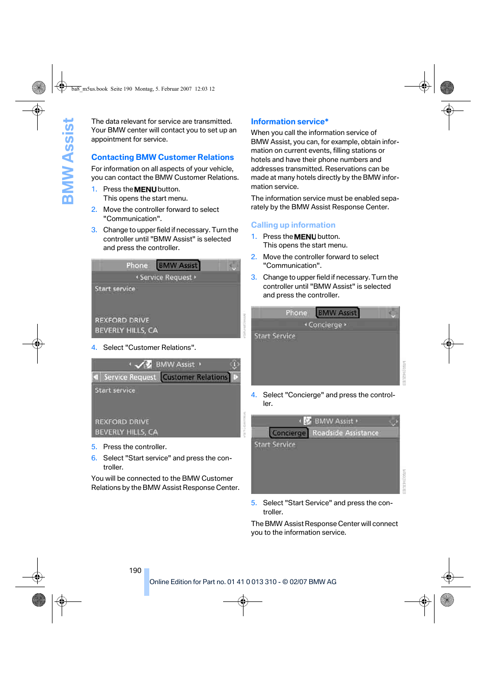 Bmw assis t | BMW M5 Sedan 2007 User Manual | Page 192 / 256