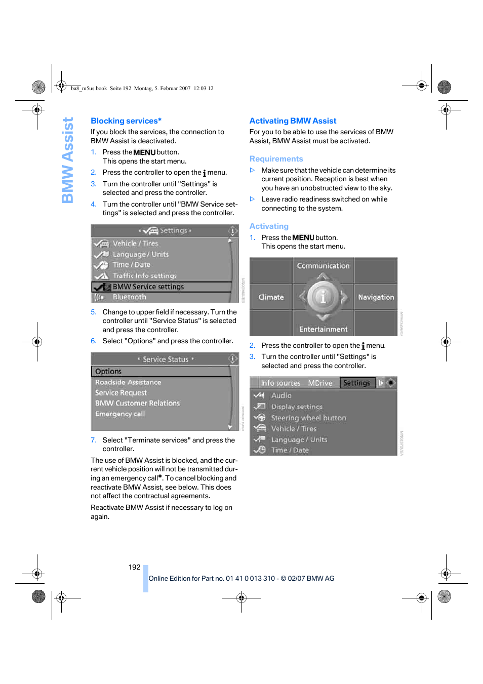 Bmw assis t | BMW M5 Sedan 2007 User Manual | Page 194 / 256