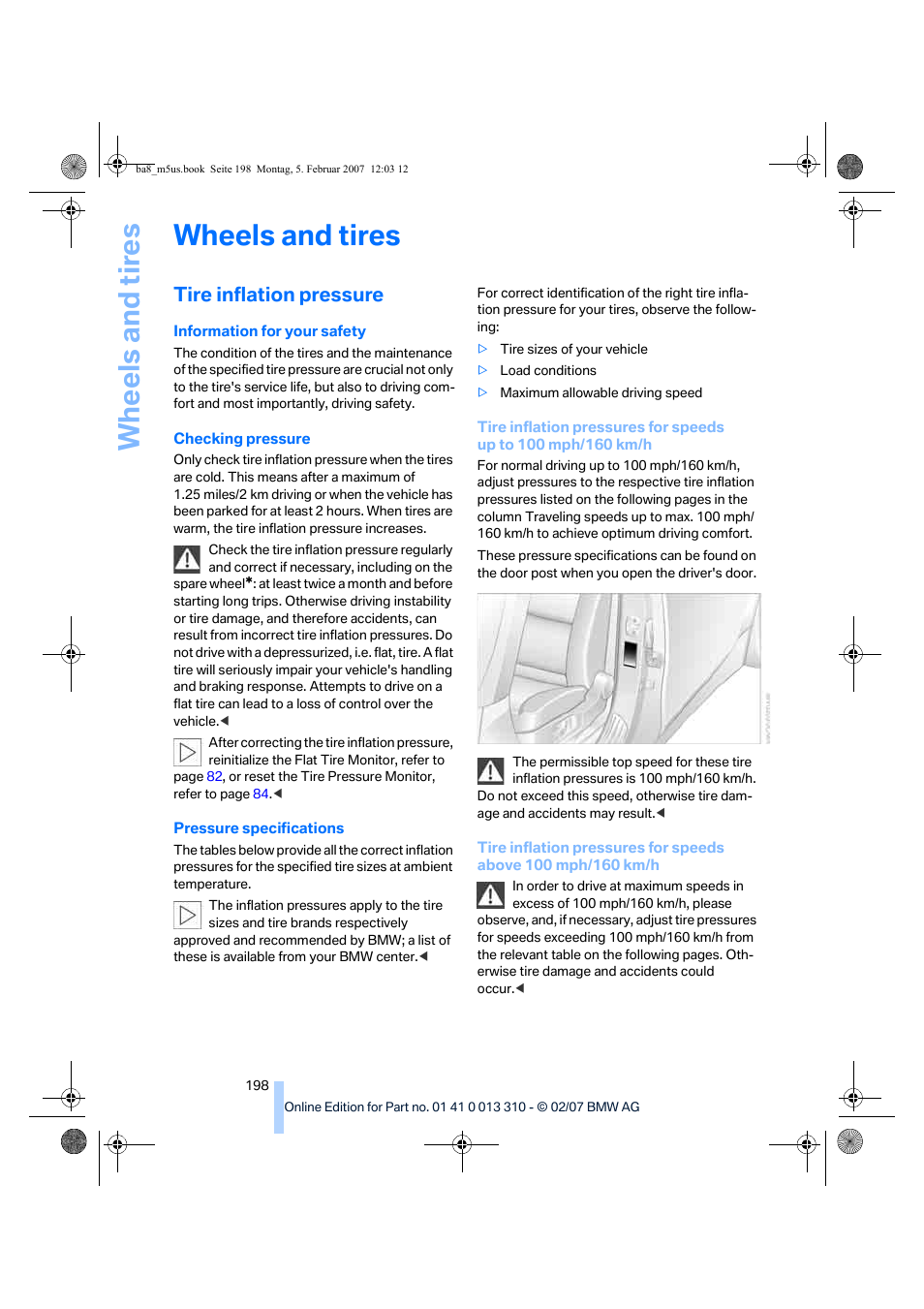 Tire inflation pressure, Wh eels and tire s, Wheels and tires | BMW M5 Sedan 2007 User Manual | Page 200 / 256