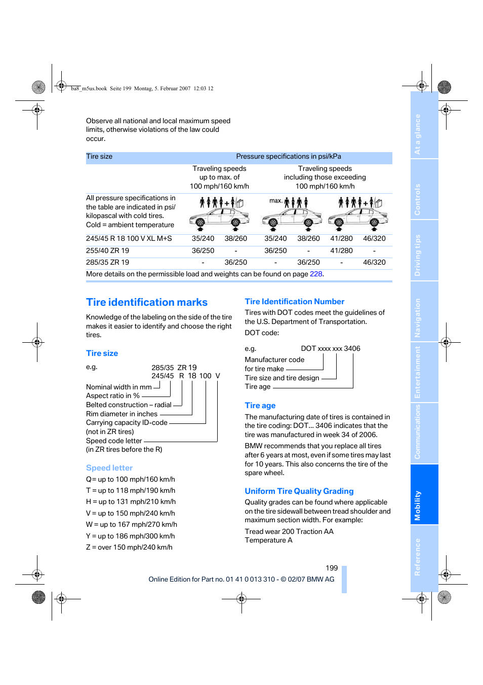 Tire identification marks | BMW M5 Sedan 2007 User Manual | Page 201 / 256