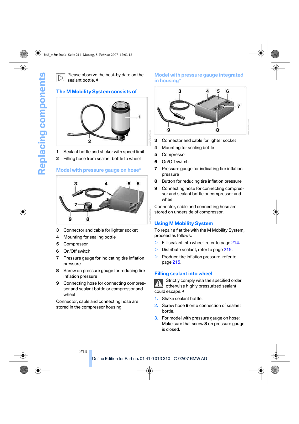 Replacing components | BMW M5 Sedan 2007 User Manual | Page 216 / 256