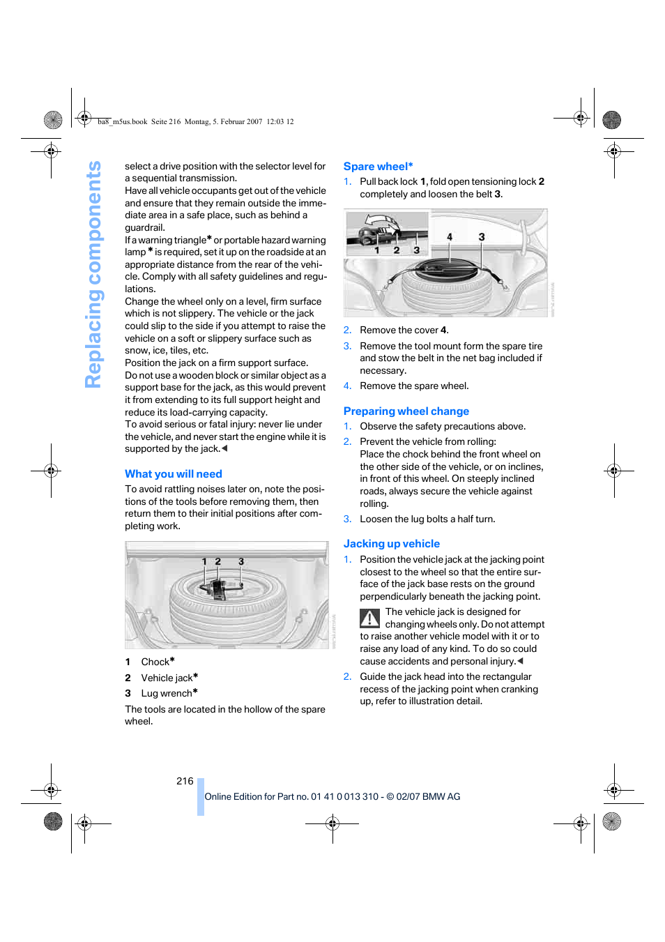 Replacing components | BMW M5 Sedan 2007 User Manual | Page 218 / 256