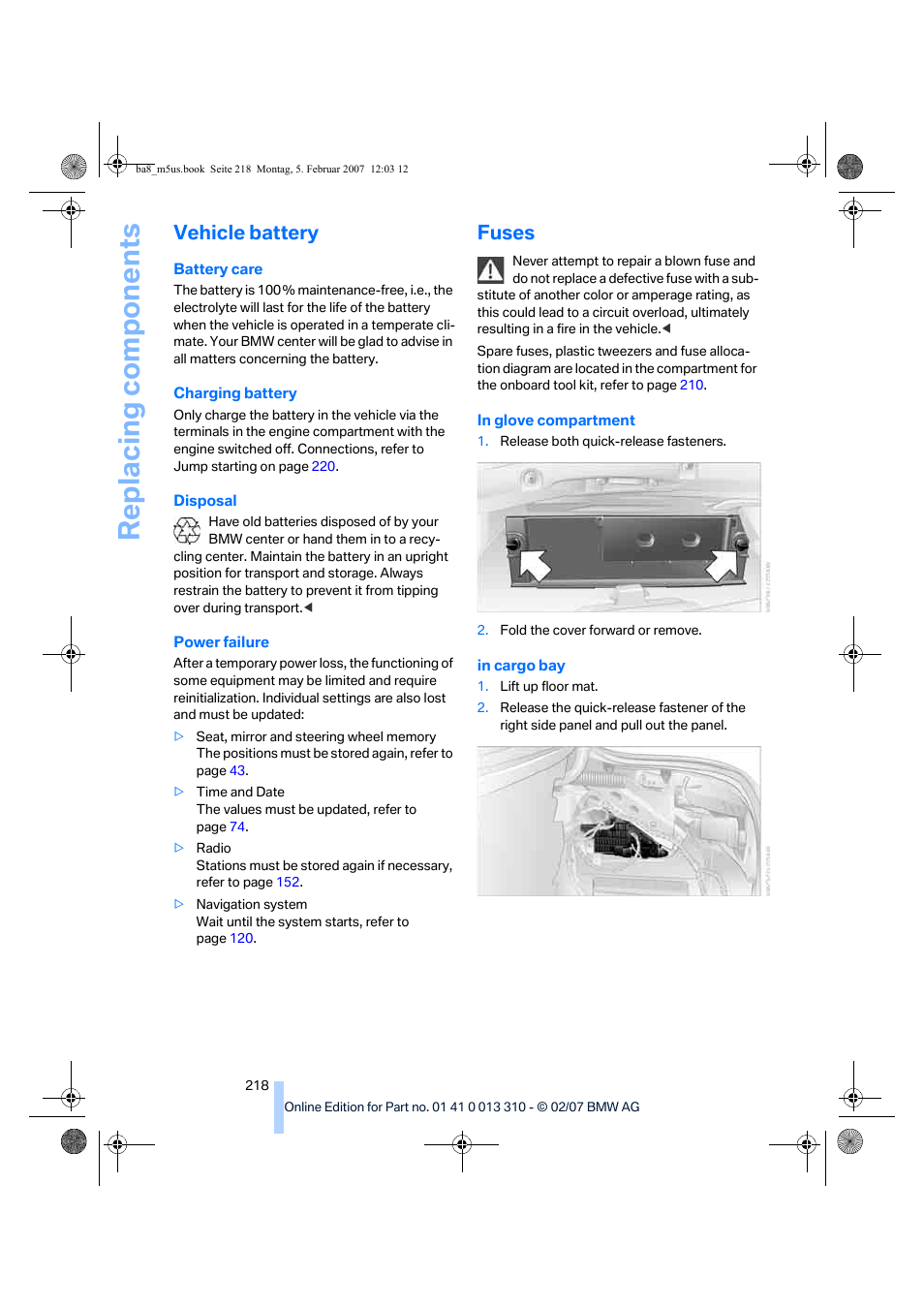 Vehicle battery, Fuses, Replacing components | BMW M5 Sedan 2007 User Manual | Page 220 / 256