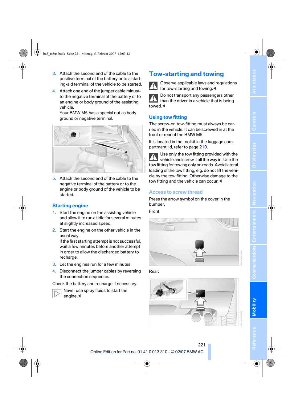 Tow-starting and towing | BMW M5 Sedan 2007 User Manual | Page 223 / 256