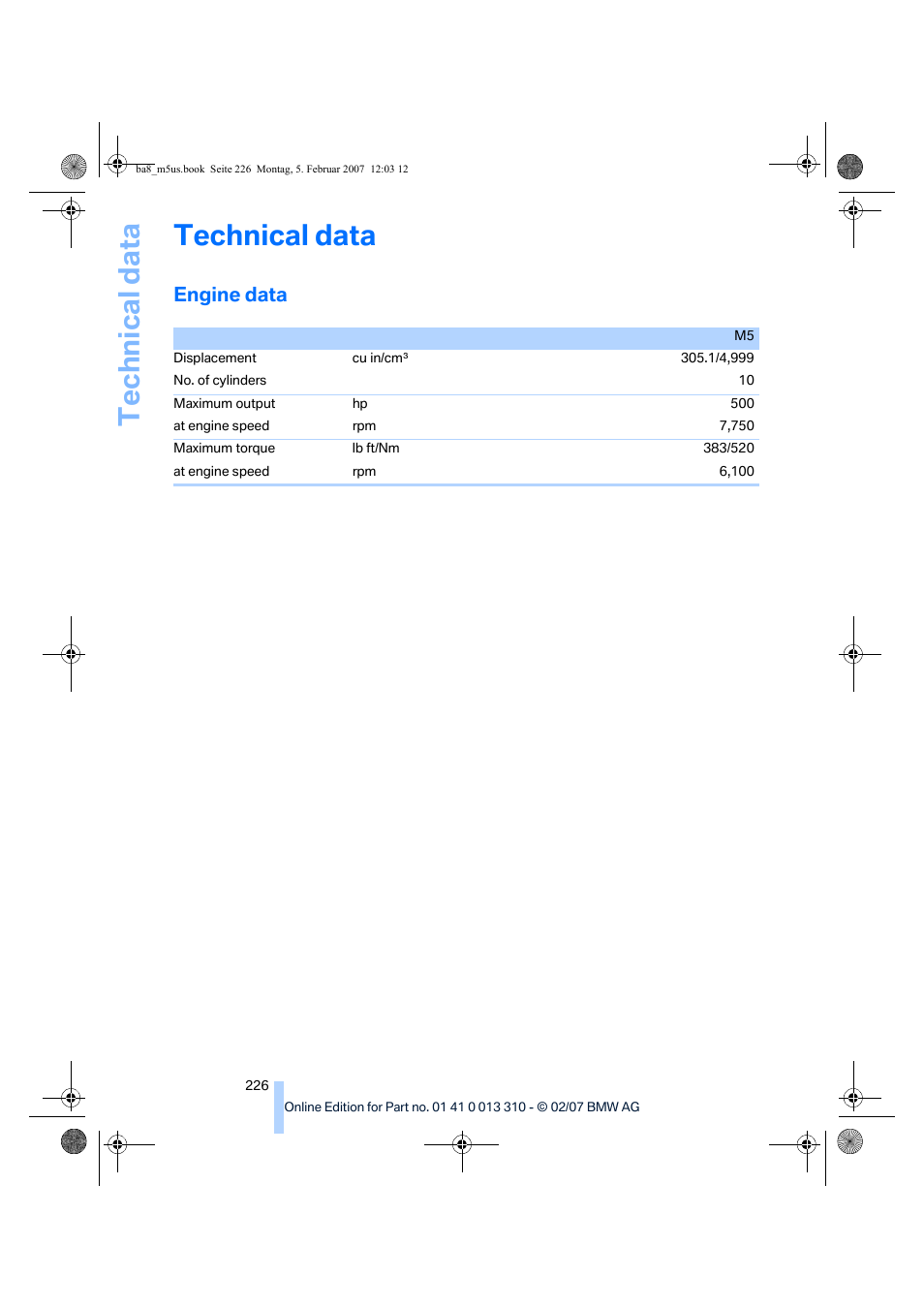 Engine data, Technical data | BMW M5 Sedan 2007 User Manual | Page 228 / 256