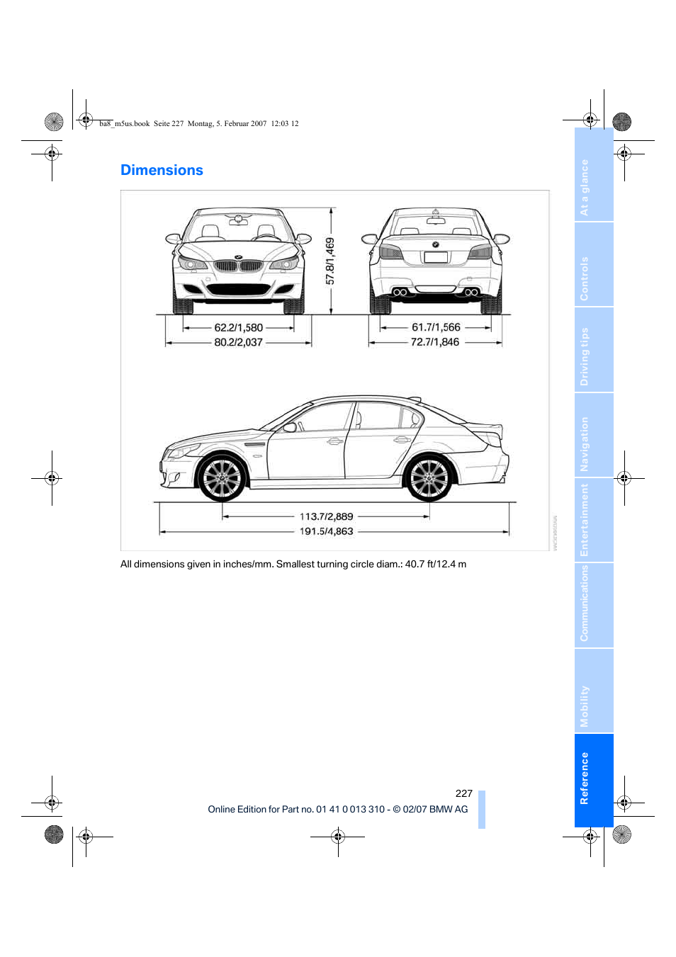 Dimensions | BMW M5 Sedan 2007 User Manual | Page 229 / 256