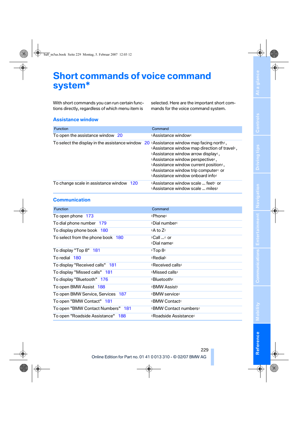 Short commands of voice command system | BMW M5 Sedan 2007 User Manual | Page 231 / 256