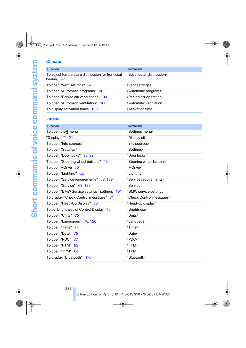 BMW M5 Sedan 2007 User Manual | Page 234 / 256