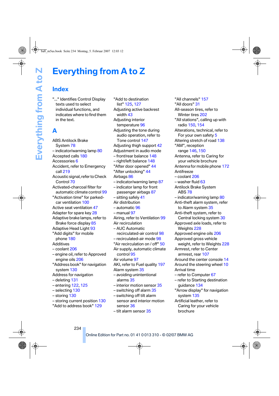 Index, Everything from a to z | BMW M5 Sedan 2007 User Manual | Page 236 / 256