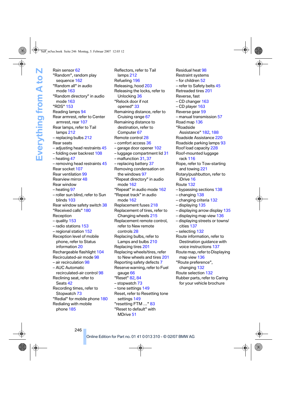 Everything from a to z | BMW M5 Sedan 2007 User Manual | Page 248 / 256