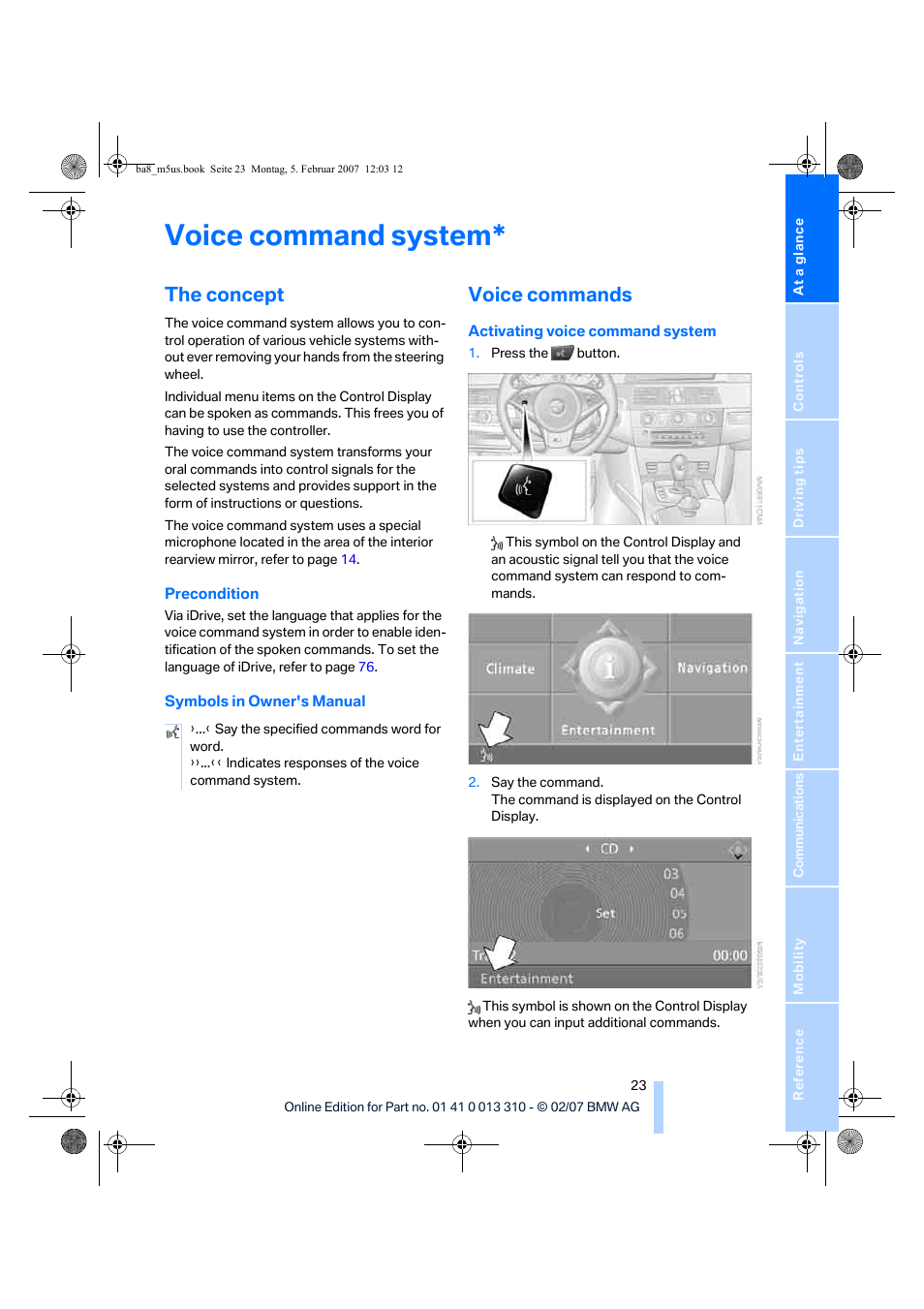 The concept, Voice commands, Voice command system | BMW M5 Sedan 2007 User Manual | Page 25 / 256