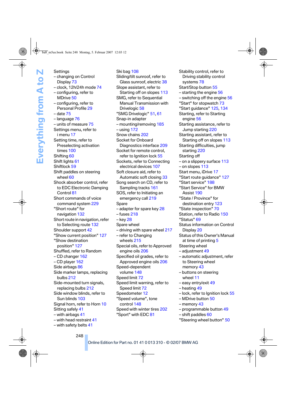 Everything from a to z | BMW M5 Sedan 2007 User Manual | Page 250 / 256