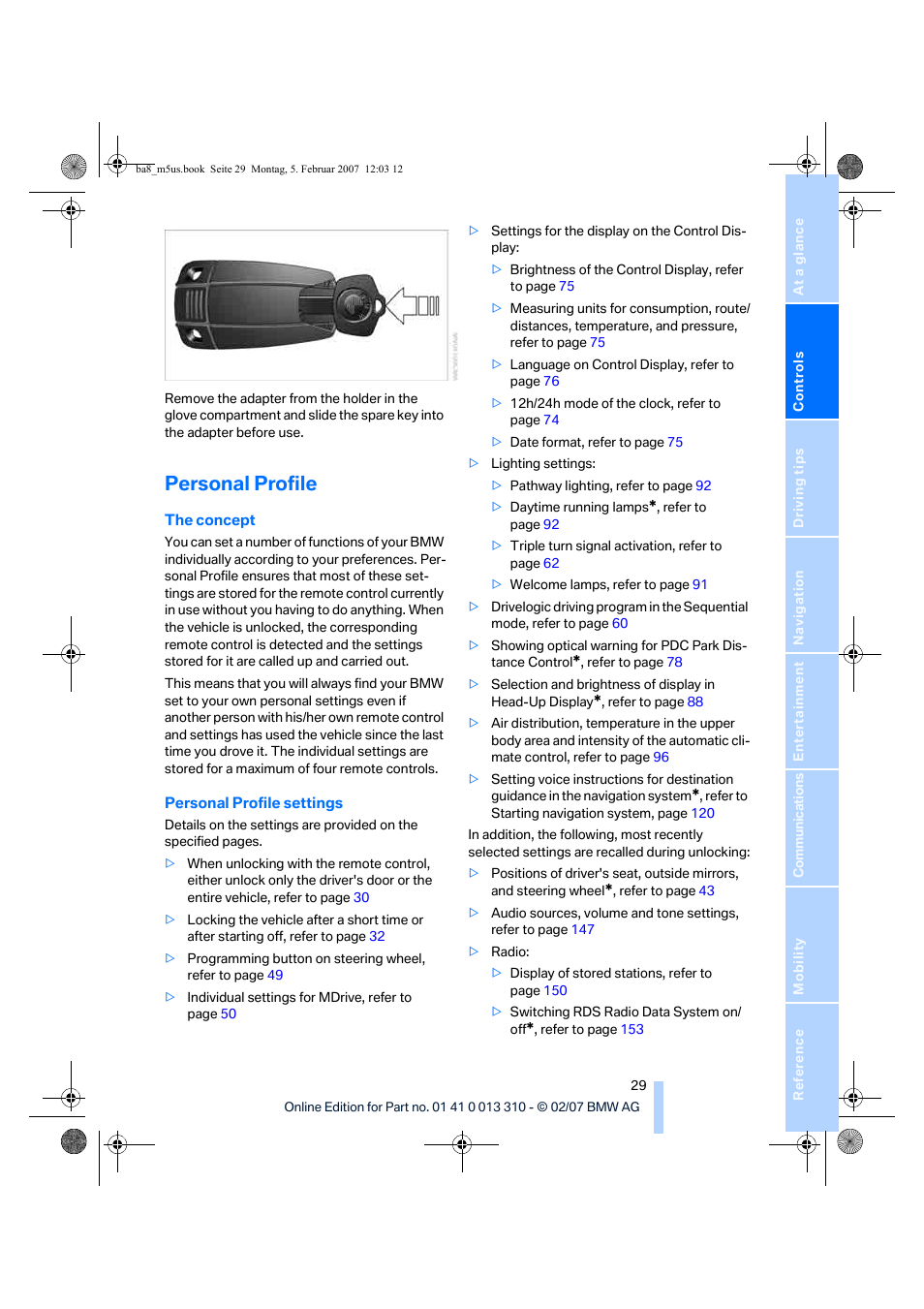 Personal profile | BMW M5 Sedan 2007 User Manual | Page 31 / 256