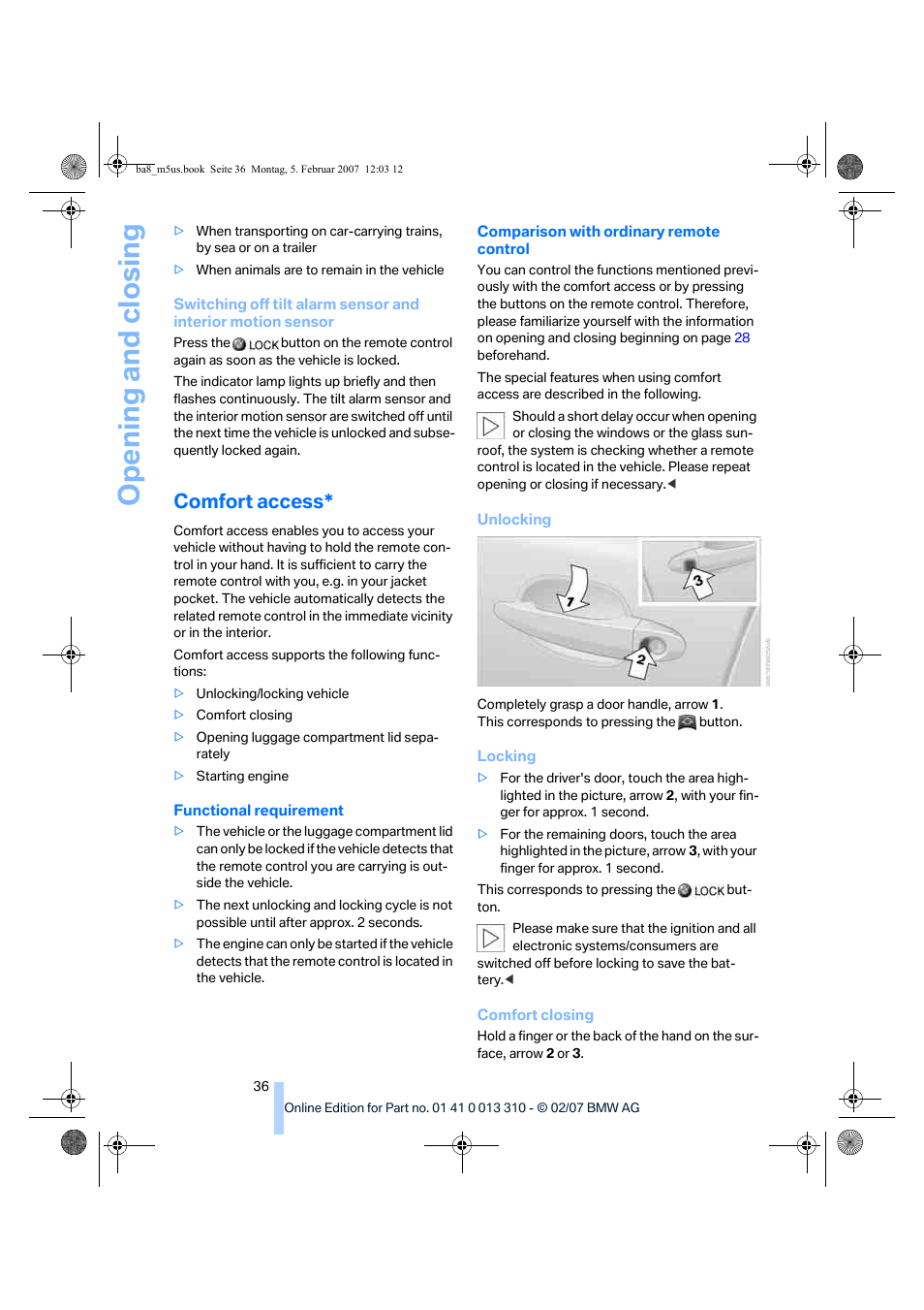 Comfort access, Opening and closing | BMW M5 Sedan 2007 User Manual | Page 38 / 256