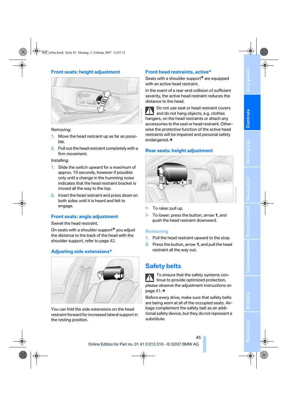 Safety belts | BMW M5 Sedan 2007 User Manual | Page 47 / 256