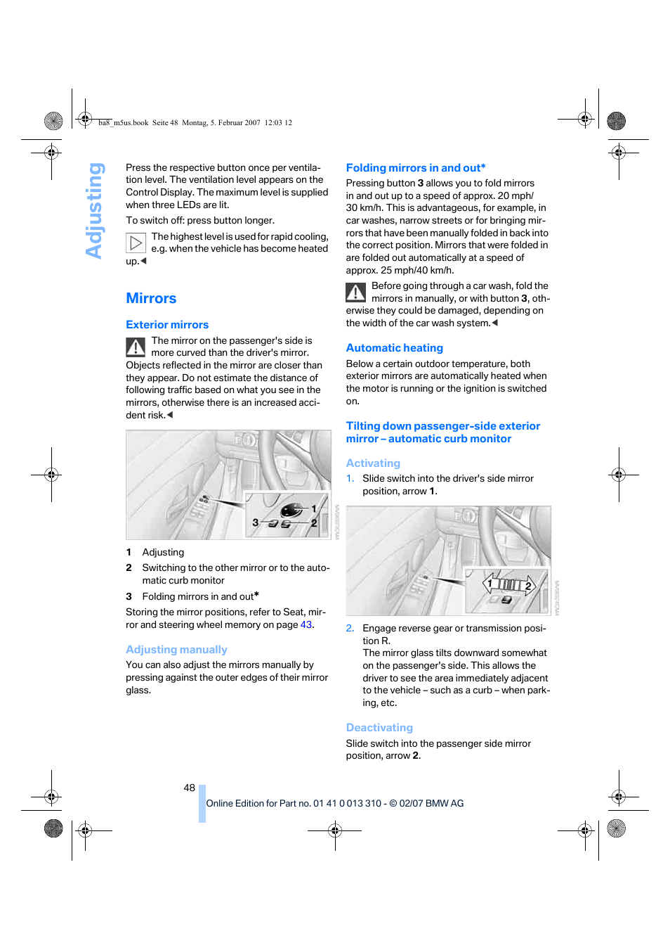 Mirrors, Adju sting | BMW M5 Sedan 2007 User Manual | Page 50 / 256