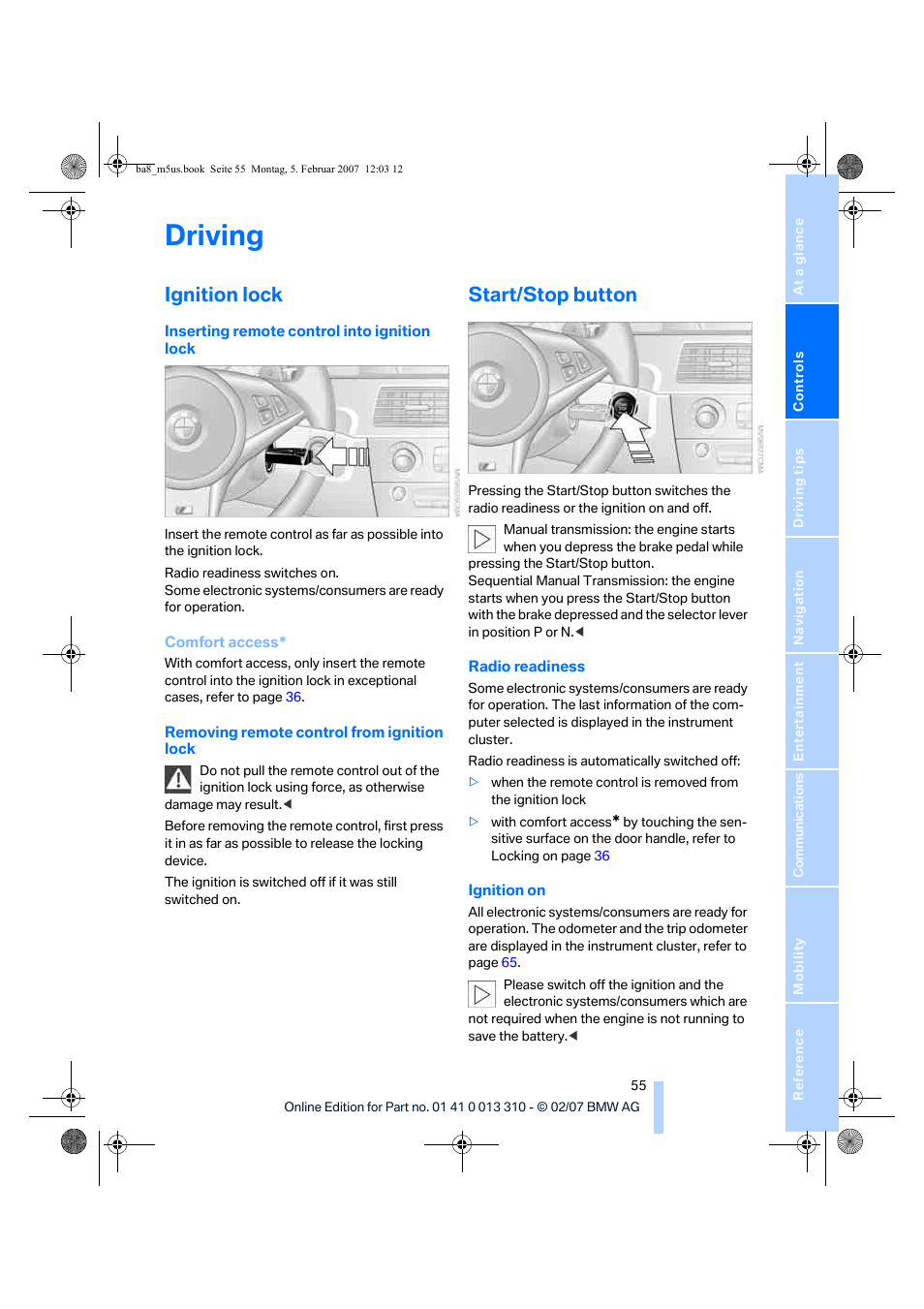 Ignition lock, Start/stop button, Driving | BMW M5 Sedan 2007 User Manual | Page 57 / 256