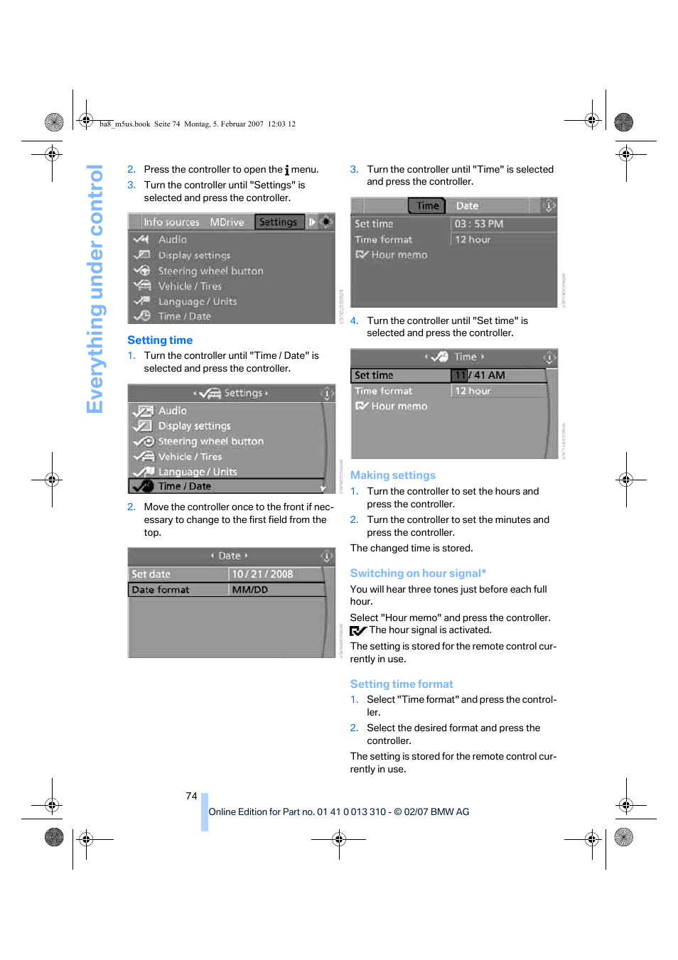 Setting time, Eve ryth ing un de r co nt rol | BMW M5 Sedan 2007 User Manual | Page 76 / 256