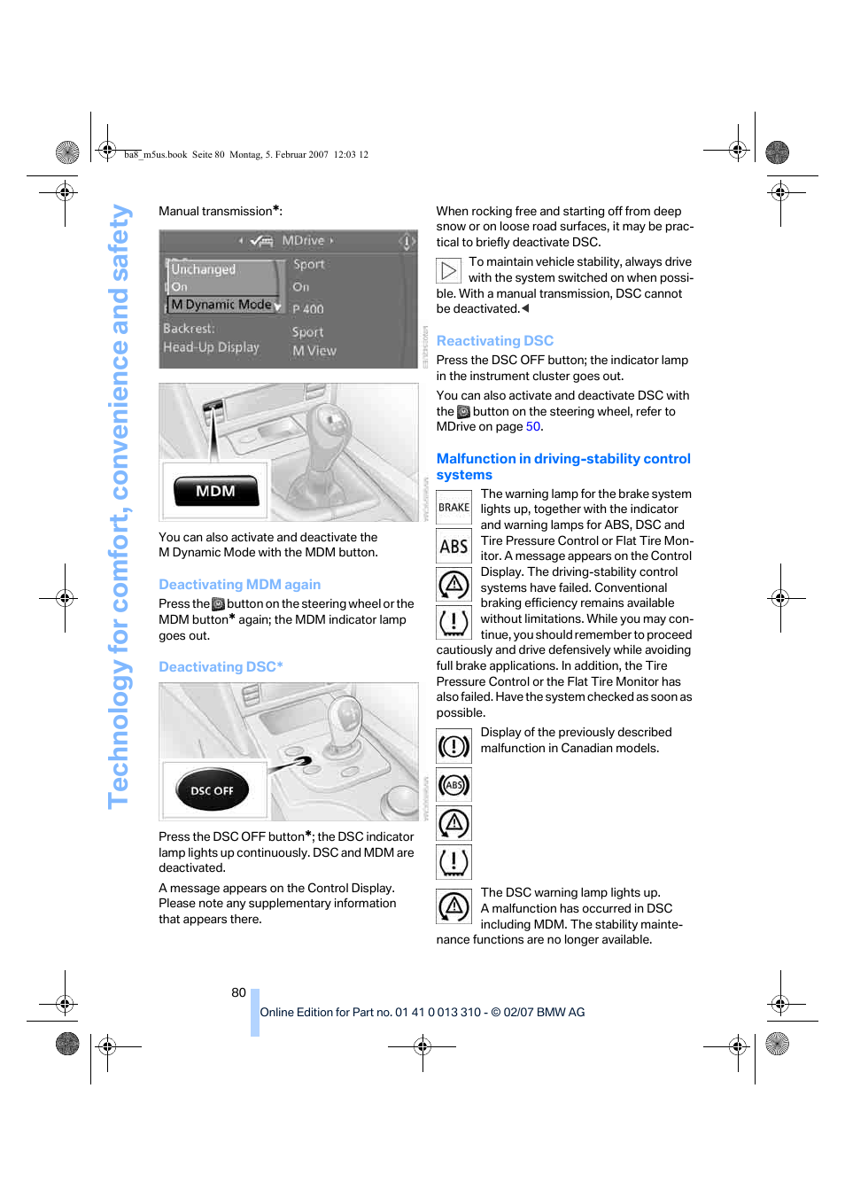 BMW M5 Sedan 2007 User Manual | Page 82 / 256