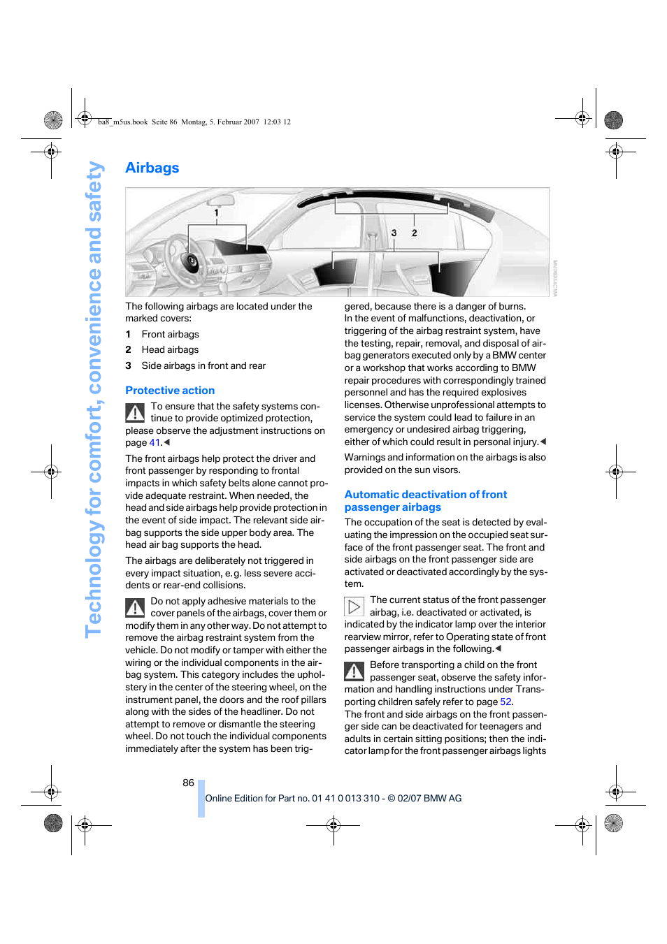 Airbags | BMW M5 Sedan 2007 User Manual | Page 88 / 256