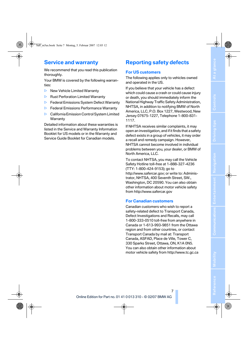 Service and warranty, Reporting safety defects | BMW M5 Sedan 2007 User Manual | Page 9 / 256