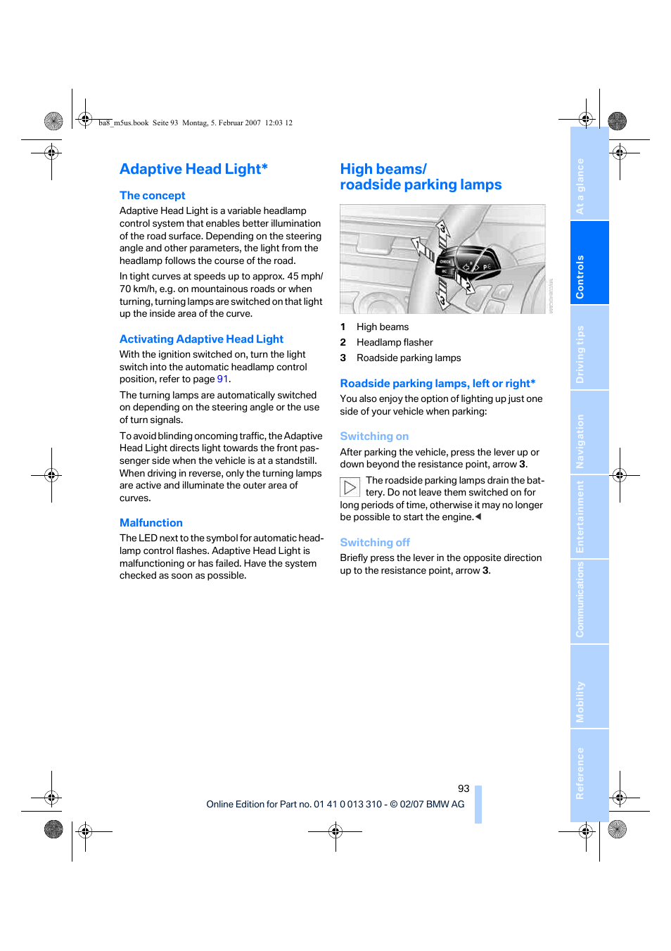 Adaptive head light, High beams/ roadside parking lamps | BMW M5 Sedan 2007 User Manual | Page 95 / 256