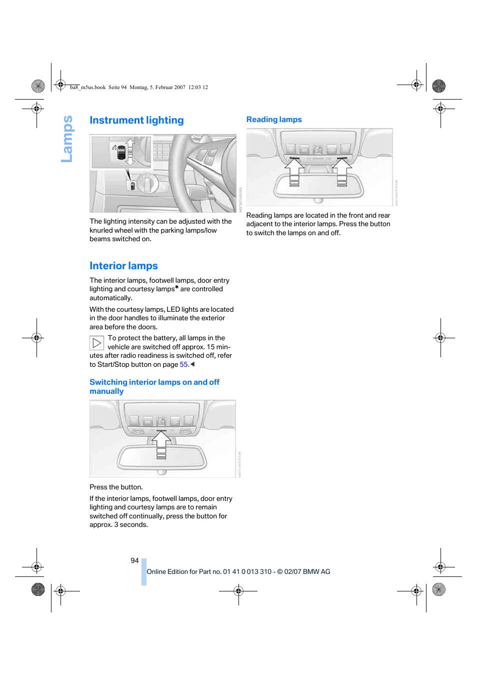 Instrument lighting, Interior lamps, La mp s | BMW M5 Sedan 2007 User Manual | Page 96 / 256