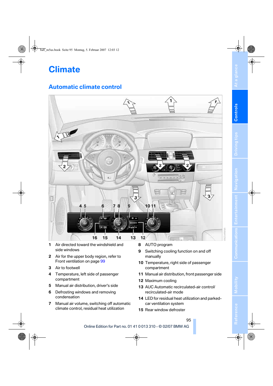 Automatic climate control, Climate | BMW M5 Sedan 2007 User Manual | Page 97 / 256