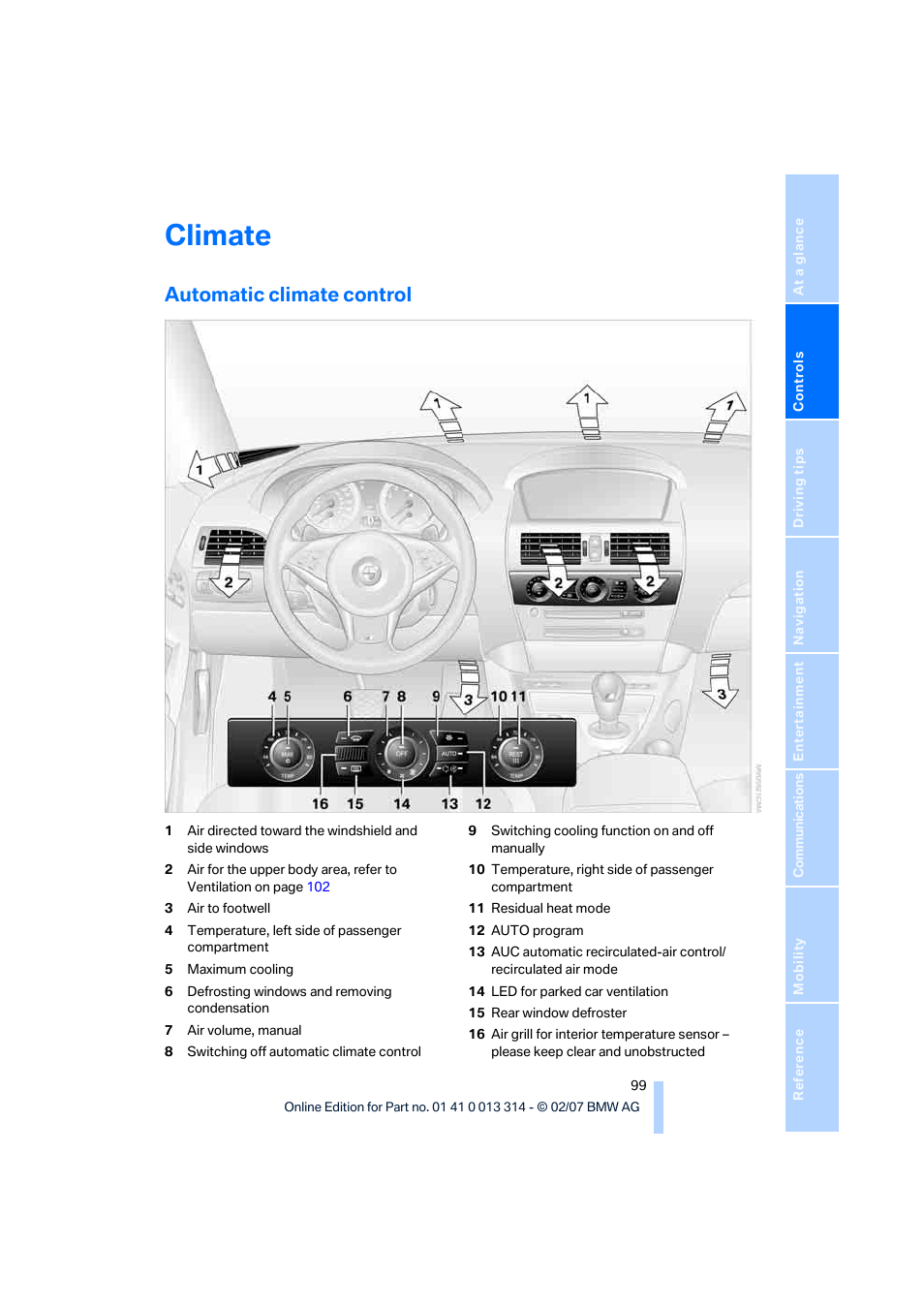 Climate, Automatic climate control | BMW M6 Convertible 2007 User Manual | Page 101 / 256