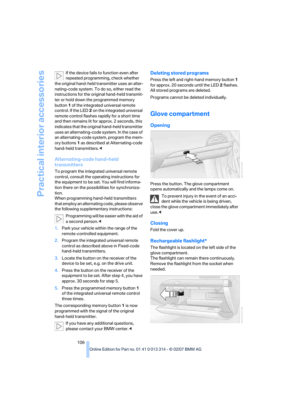 Glove compartment, Practical interi or acc ess orie s | BMW M6 Convertible 2007 User Manual | Page 108 / 256