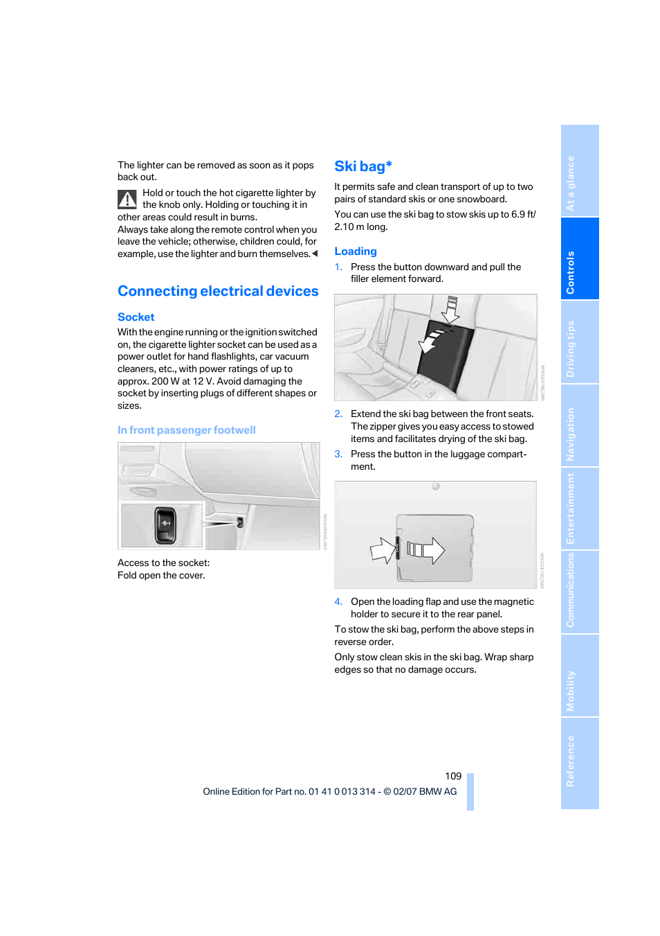Connecting electrical devices, Ski bag | BMW M6 Convertible 2007 User Manual | Page 111 / 256