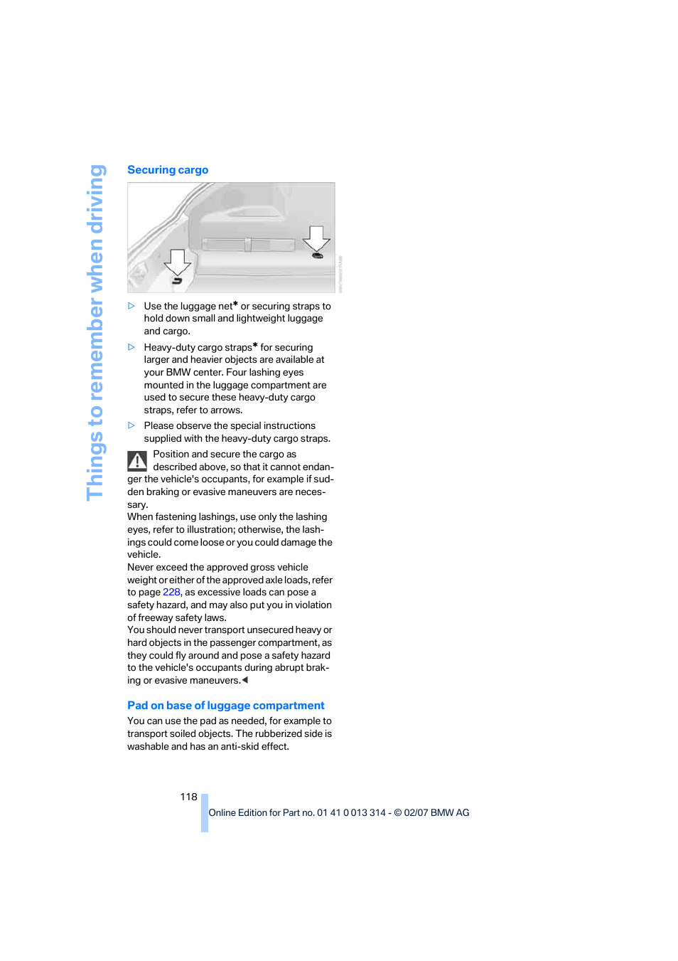 Securing cargo, Things to re memb er when driving | BMW M6 Convertible 2007 User Manual | Page 120 / 256