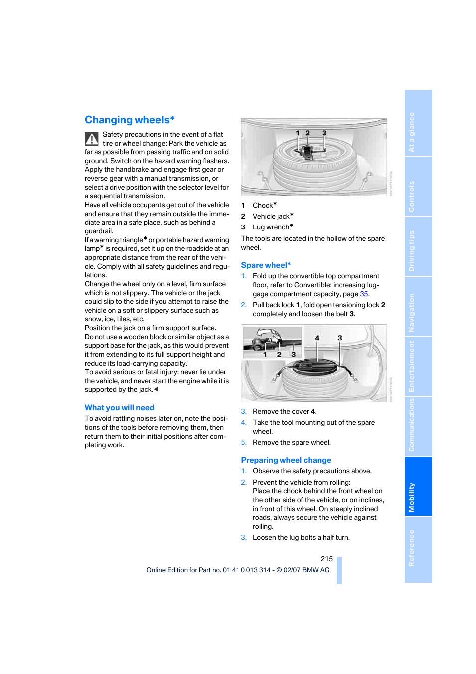 Changing wheels | BMW M6 Convertible 2007 User Manual | Page 217 / 256