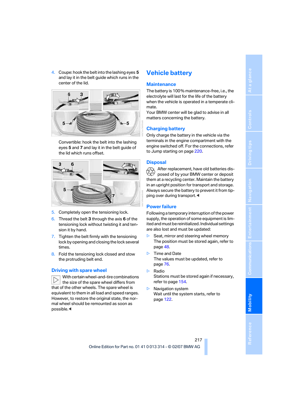 Vehicle battery | BMW M6 Convertible 2007 User Manual | Page 219 / 256