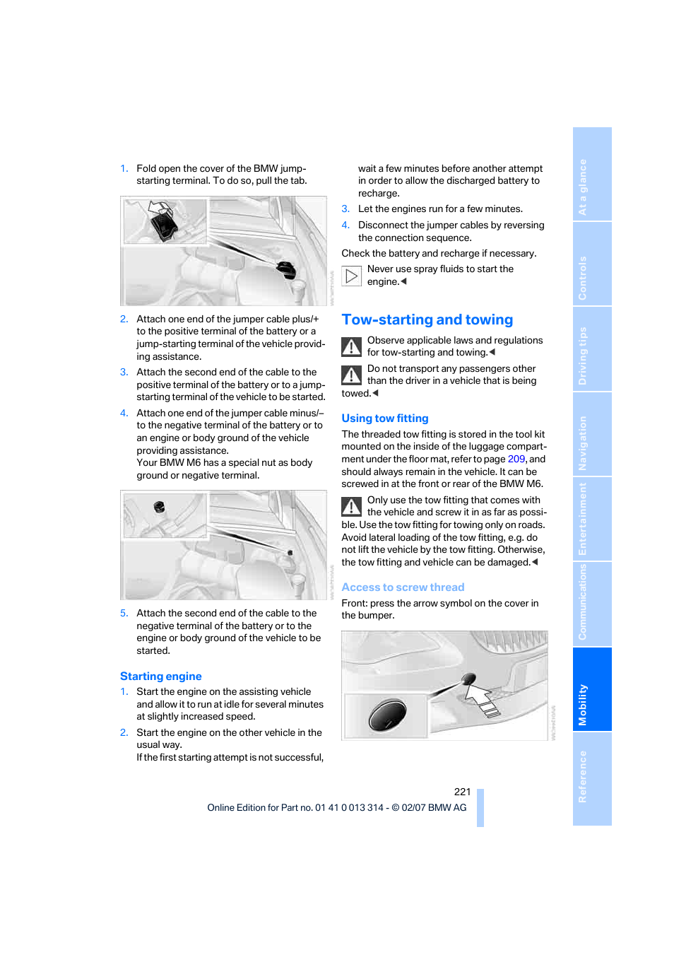 Tow-starting and towing | BMW M6 Convertible 2007 User Manual | Page 223 / 256