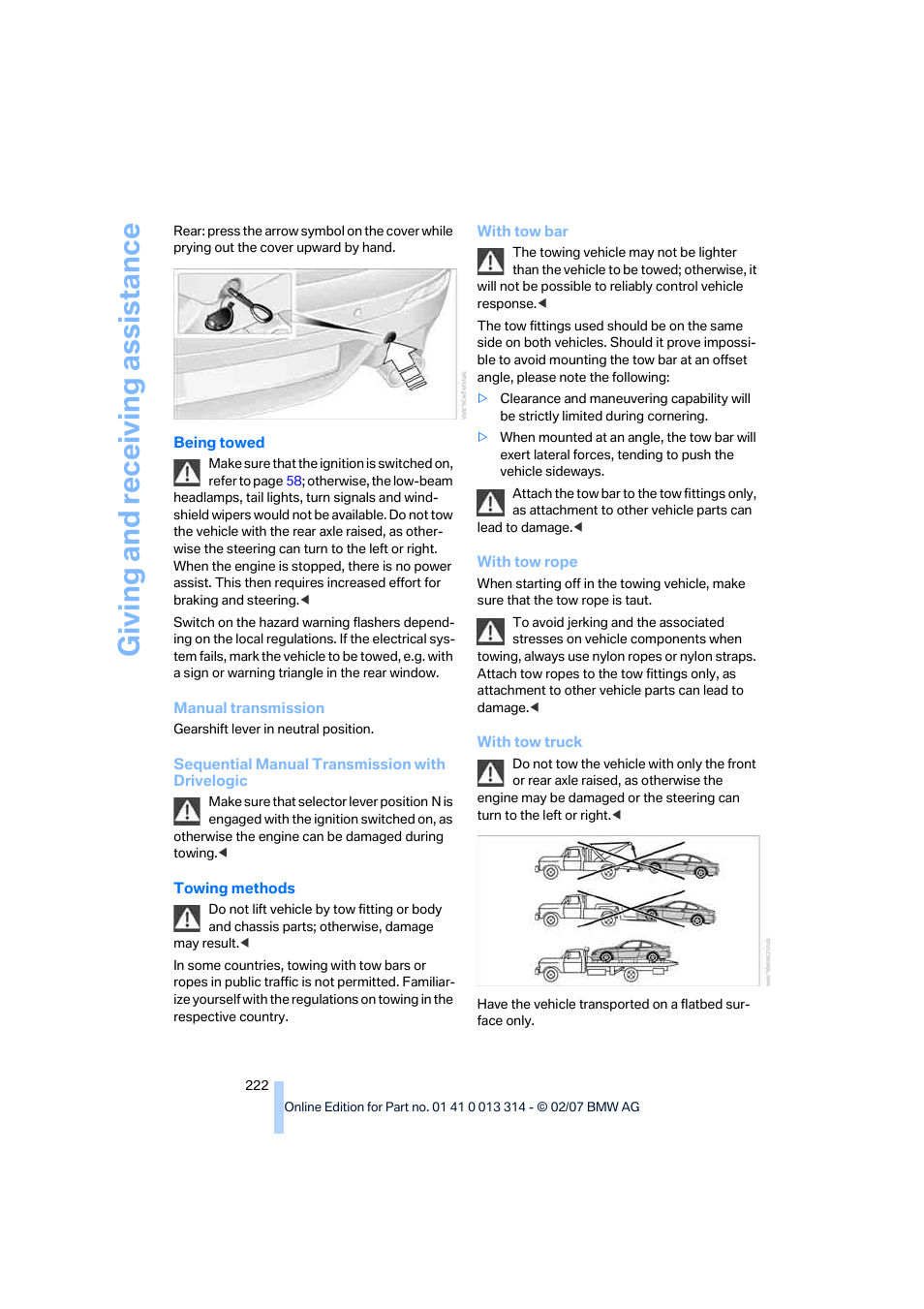 Giving and receiv ing as sistance | BMW M6 Convertible 2007 User Manual | Page 224 / 256