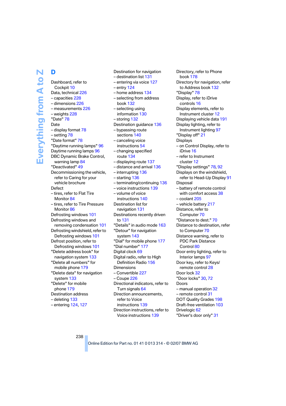 Everything from a to z | BMW M6 Convertible 2007 User Manual | Page 240 / 256