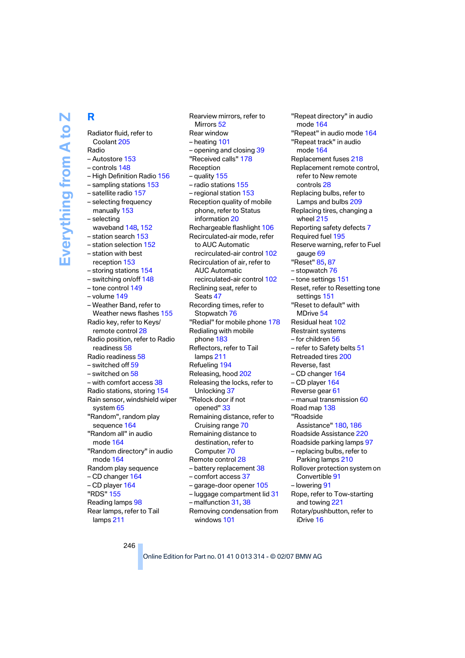 Everything from a to z | BMW M6 Convertible 2007 User Manual | Page 248 / 256