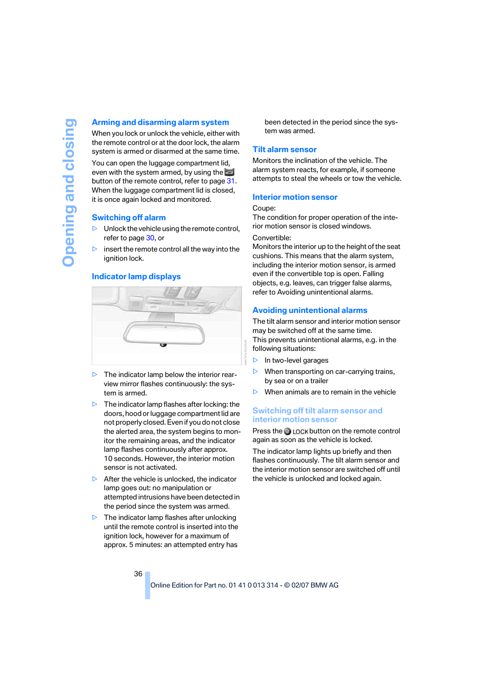 Opening and closing | BMW M6 Convertible 2007 User Manual | Page 38 / 256