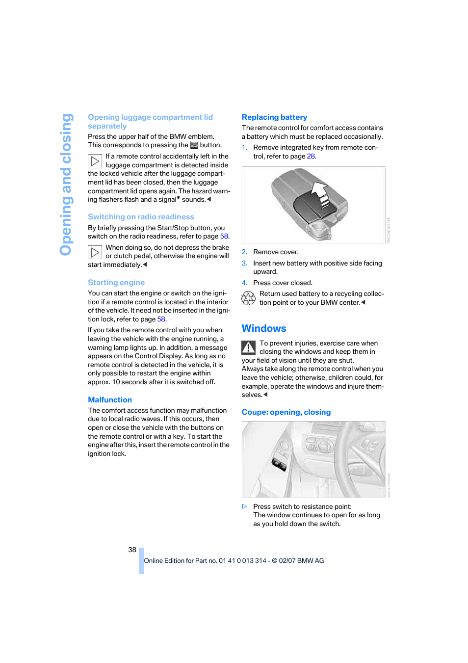 Windows, Opening and closing | BMW M6 Convertible 2007 User Manual | Page 40 / 256