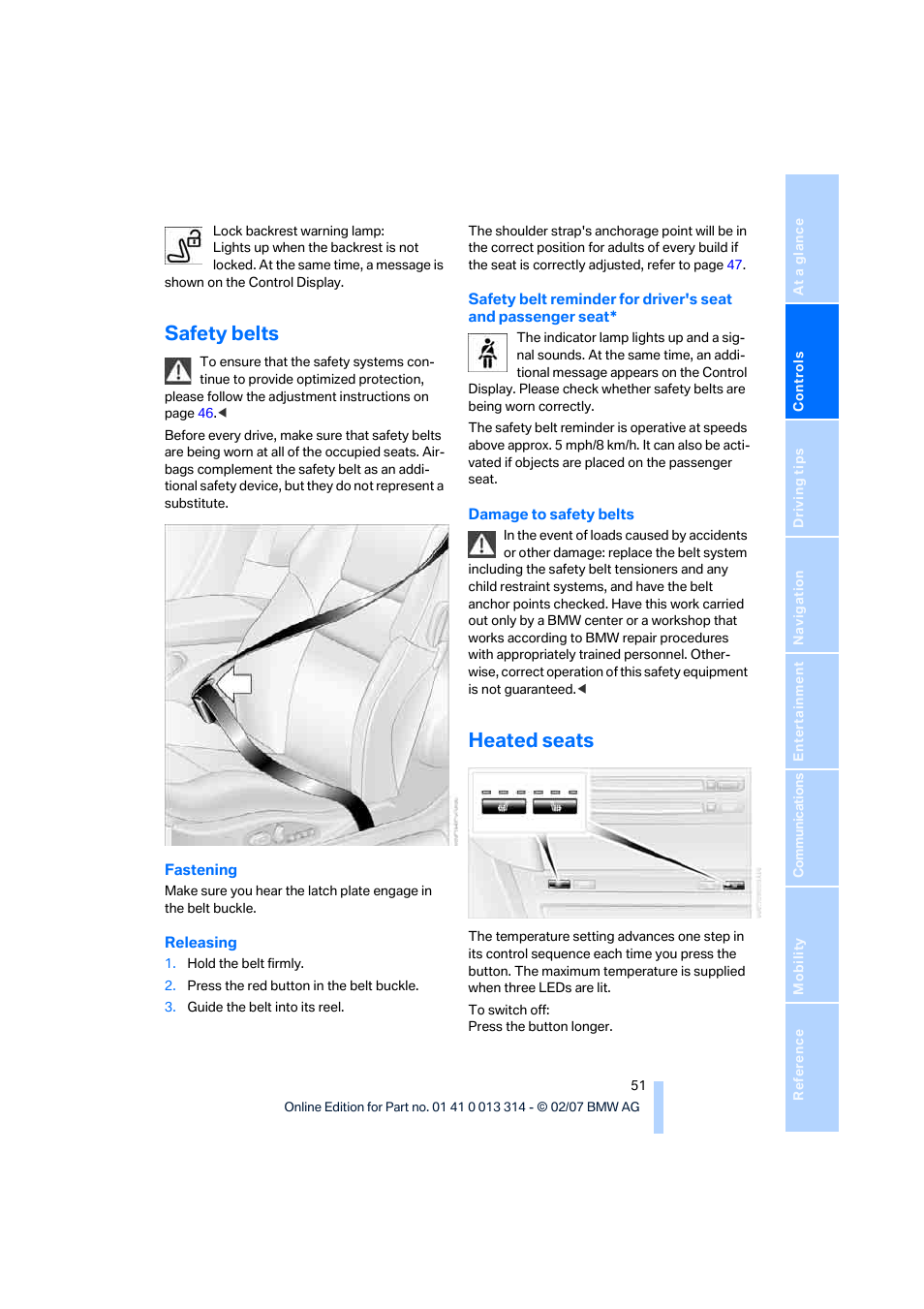 Safety belts, Heated seats, Safety belts r | BMW M6 Convertible 2007 User Manual | Page 53 / 256