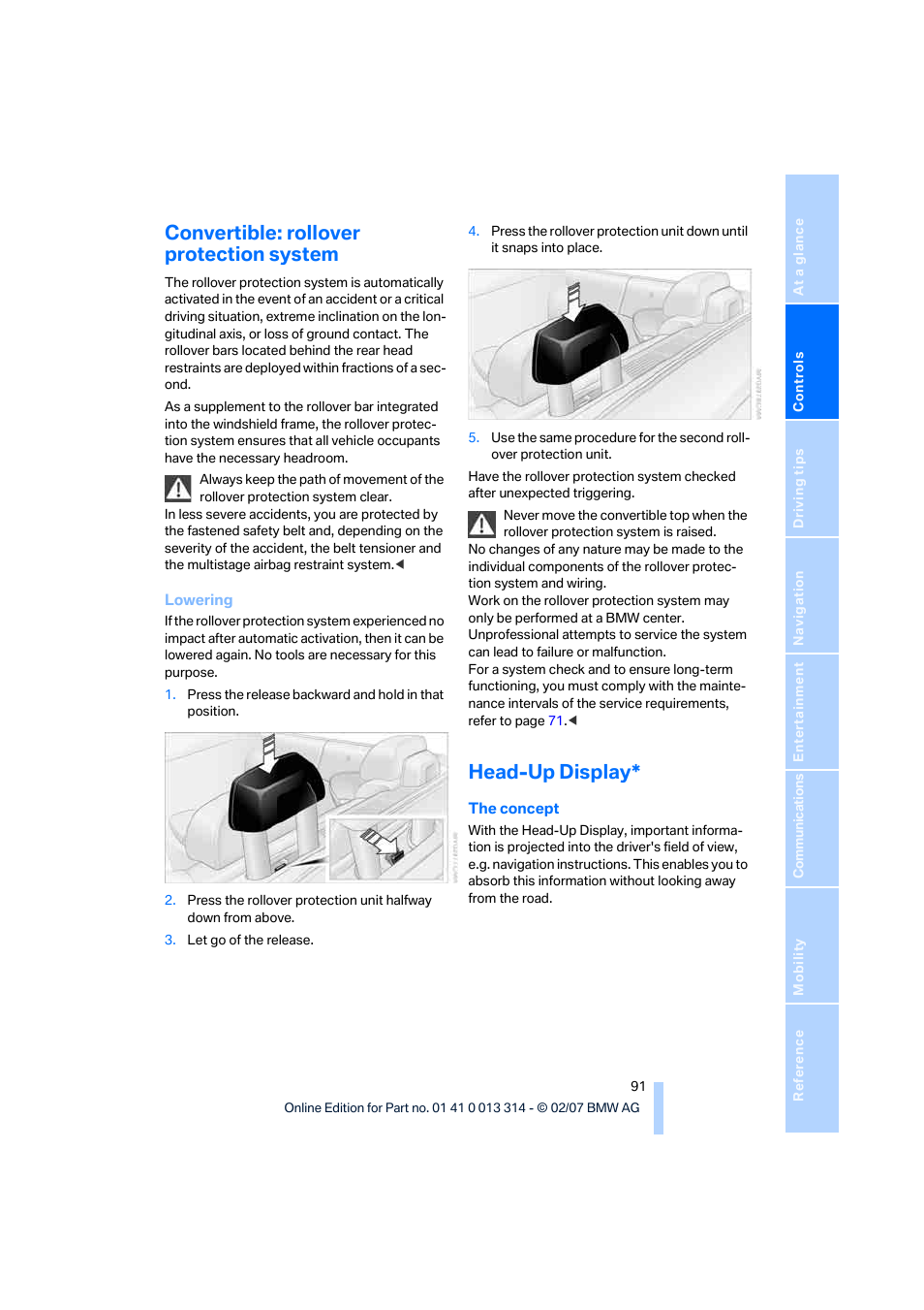 Convertible: rollover protection system, Head-up display | BMW M6 Convertible 2007 User Manual | Page 93 / 256