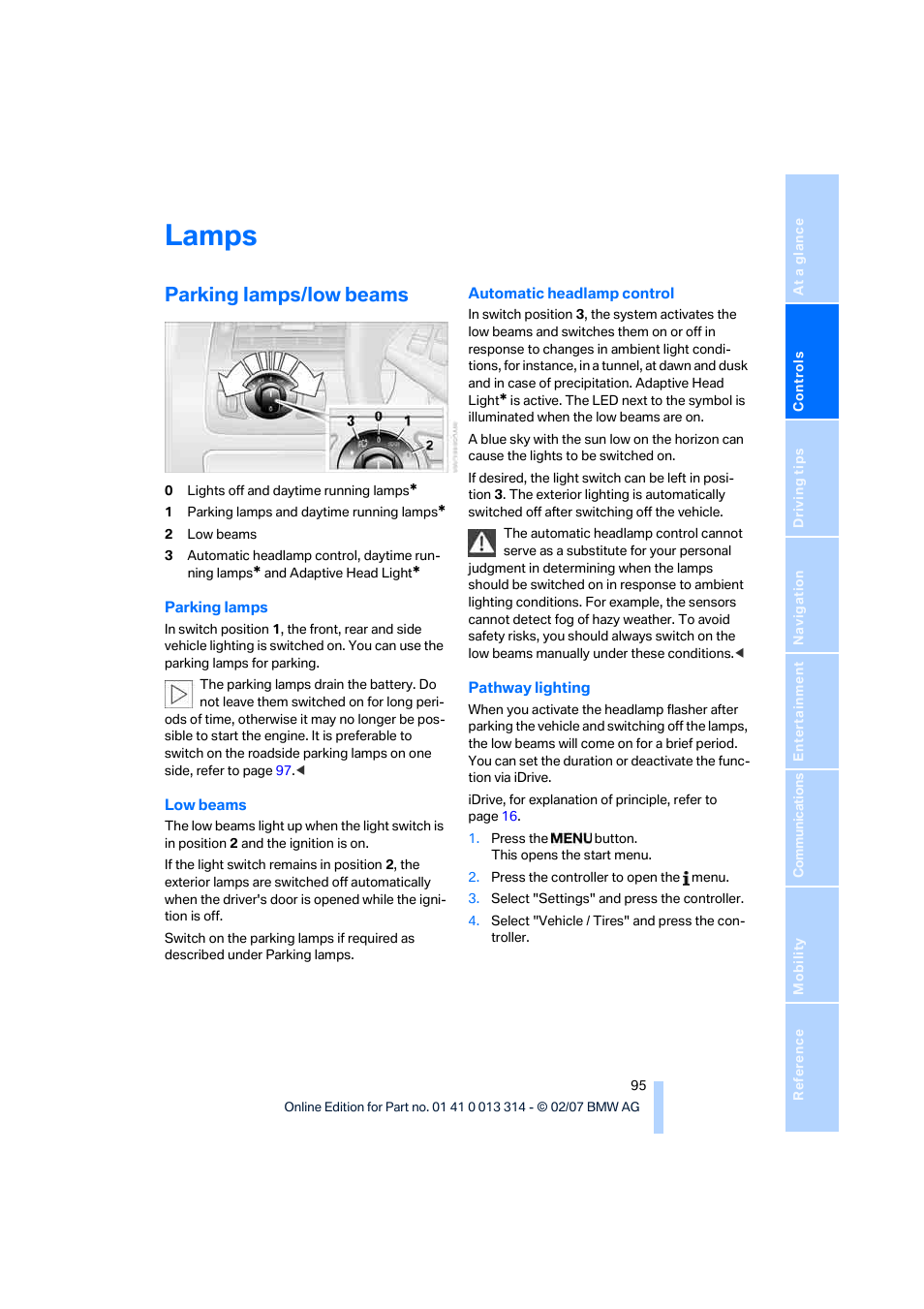 Lamps, Parking lamps/low beams | BMW M6 Convertible 2007 User Manual | Page 97 / 256