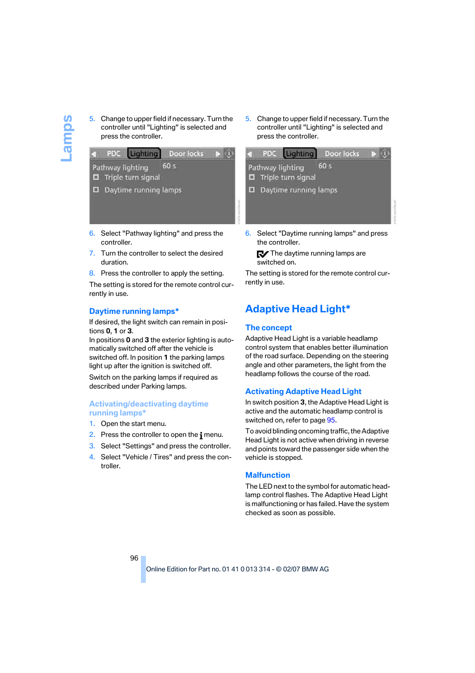 Adaptive head light, La mp s | BMW M6 Convertible 2007 User Manual | Page 98 / 256