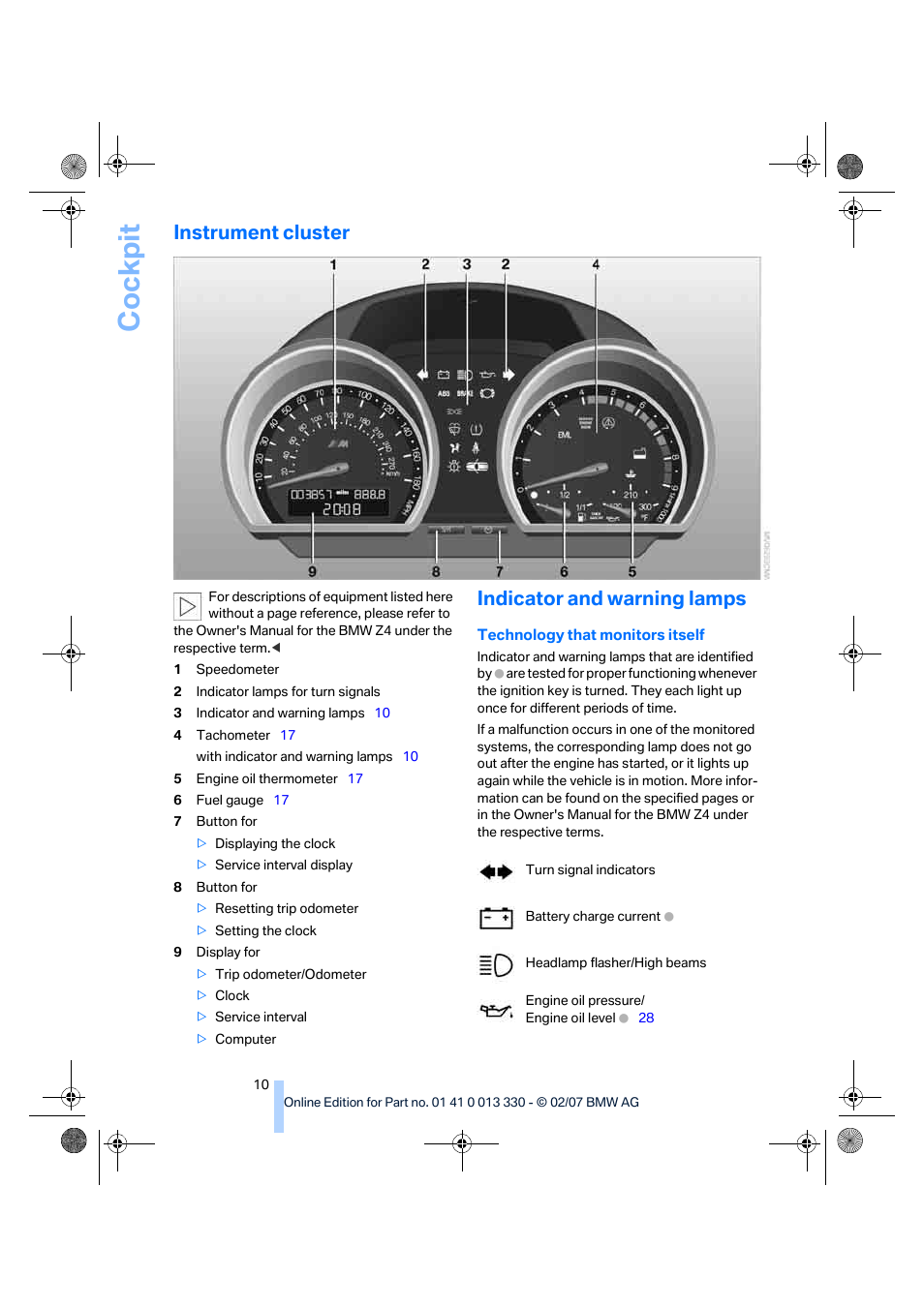 Instrument cluster, Indicator and warning lamps, Cockpit | BMW Z4 M Roadster 2007 User Manual | Page 12 / 50