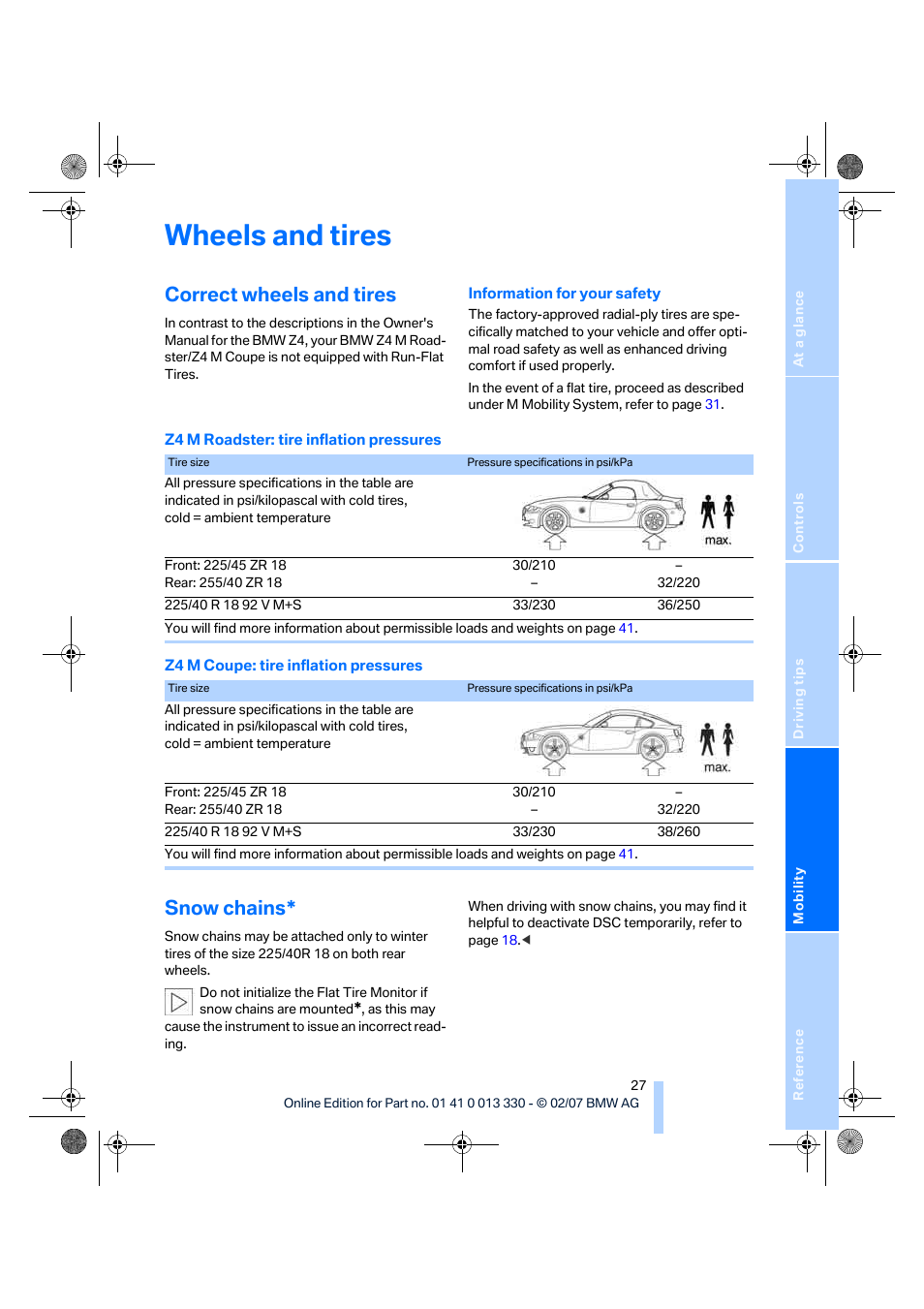 Wheels and tires, Correct wheels and tires, Snow chains | BMW Z4 M Roadster 2007 User Manual | Page 29 / 50